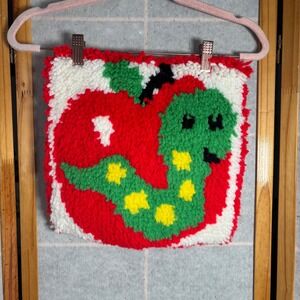 Vintage Latch Hook Wall Hanging Apple Worm Green Red Yellow Kids Decor Pillow